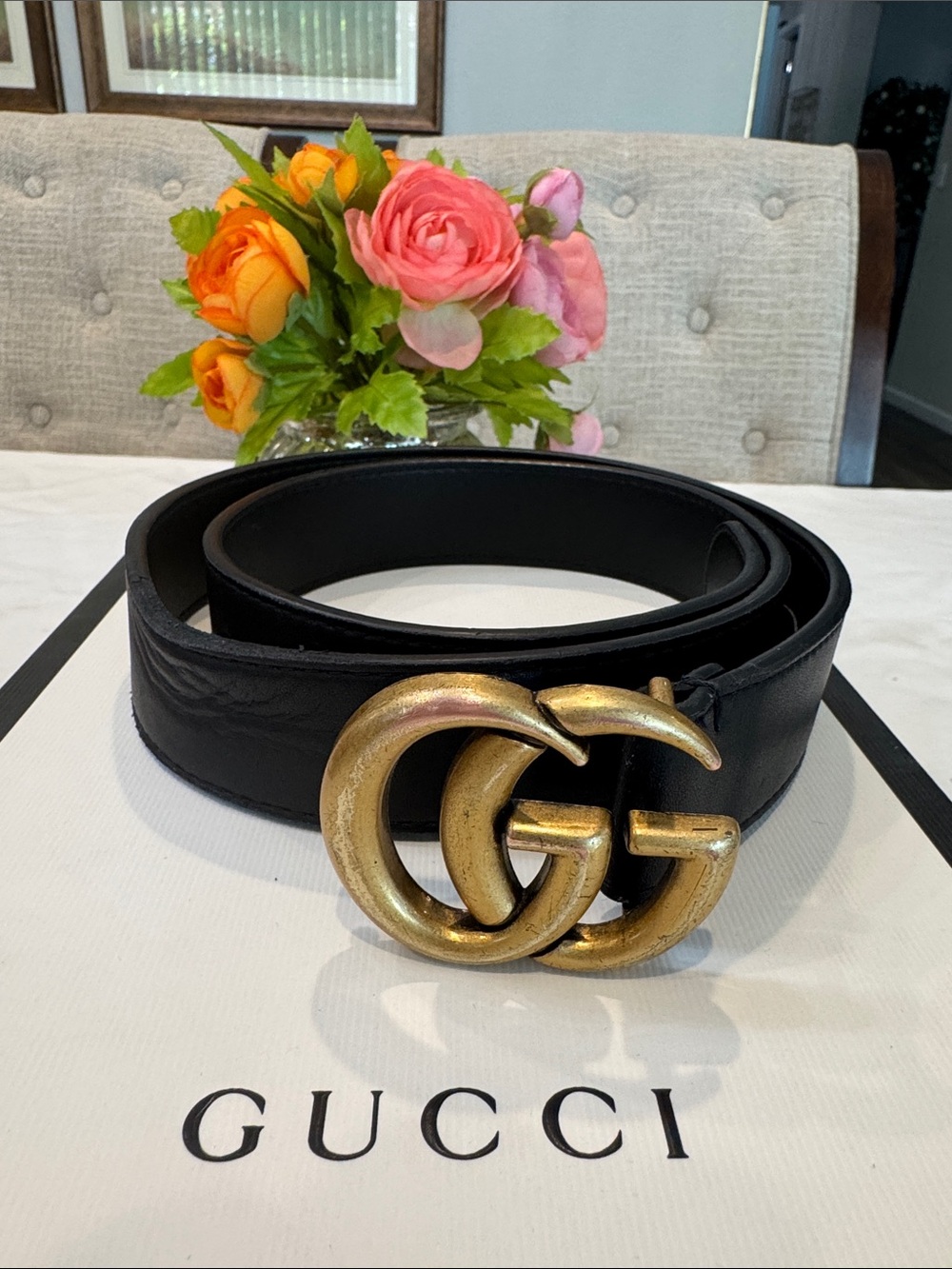 Authentic Gucci Black Leather Belt with Gold Double G Buckle